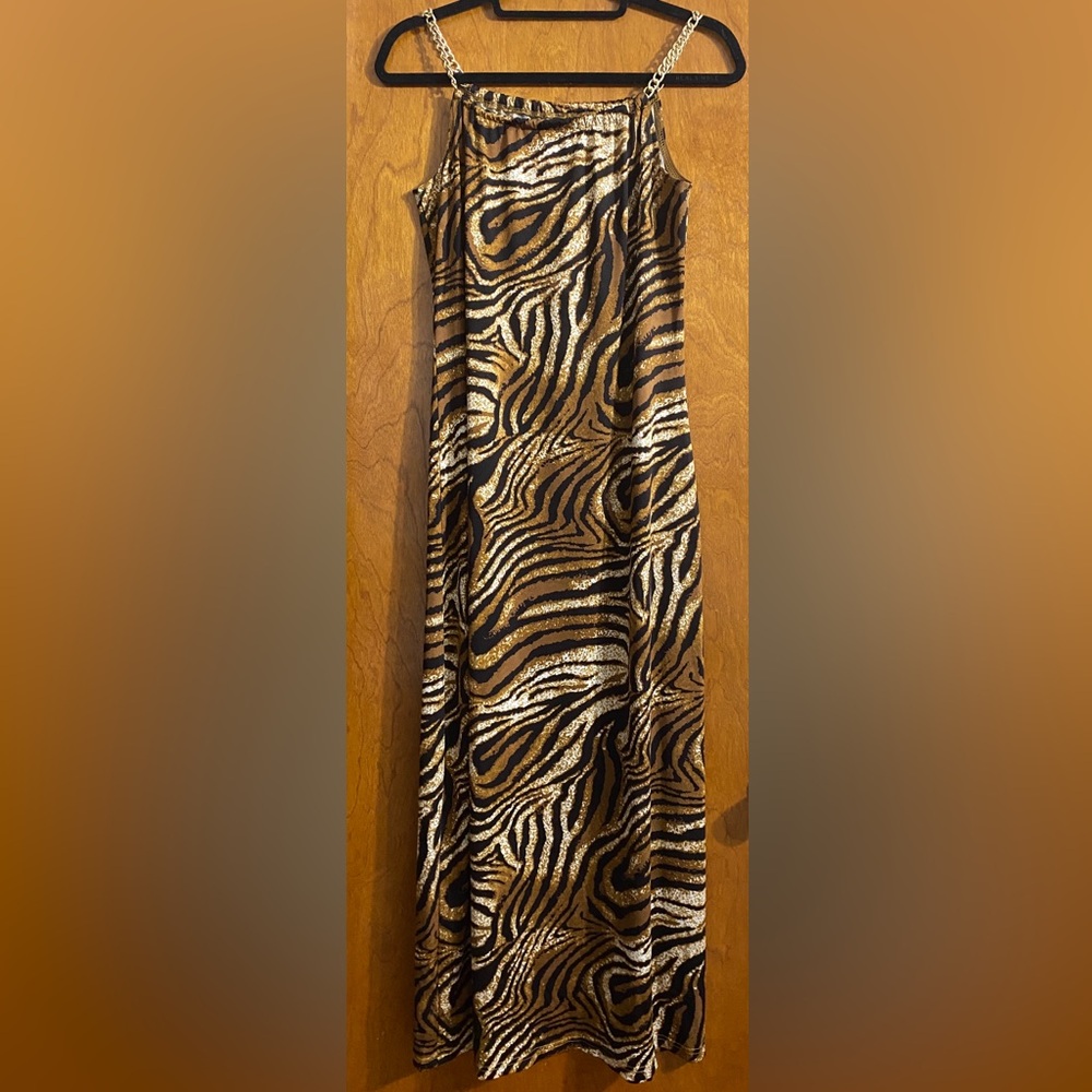 Nina Leonard. Animal print dress with gold chain straps - Picture 4 of 6